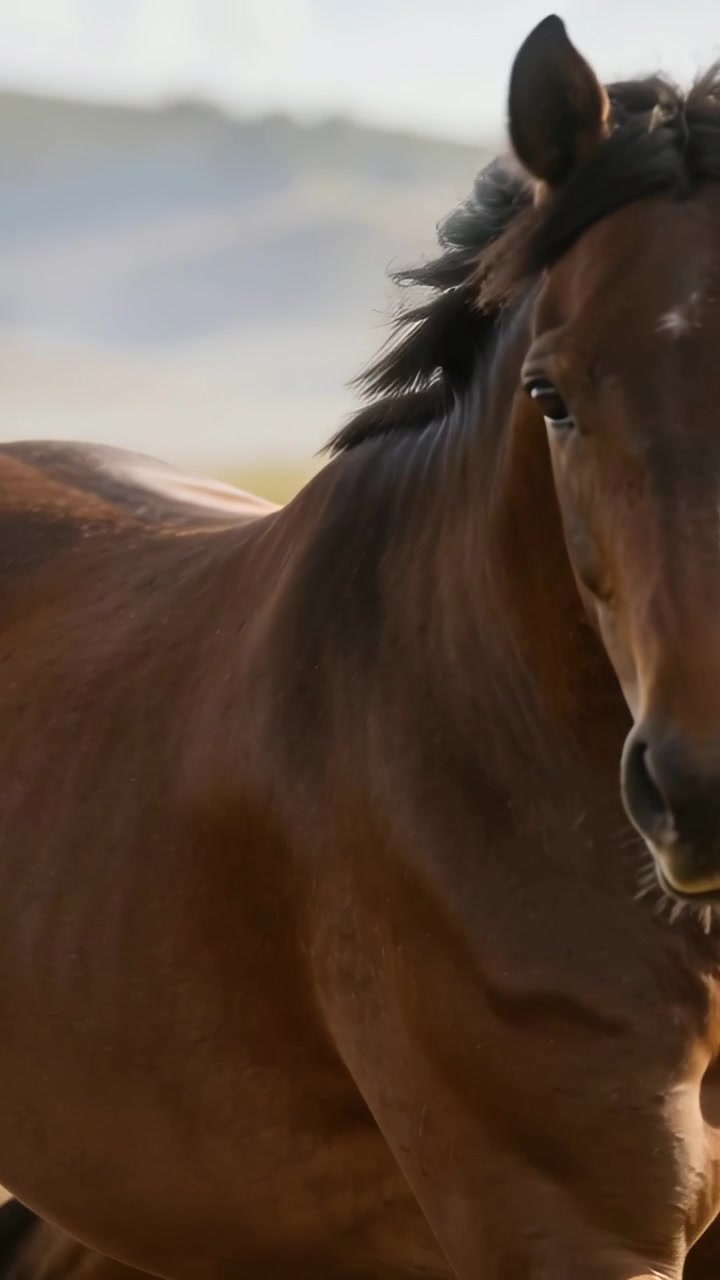 Video verticale: Cavallo che entra nell'inquadratura, si muove e si gira verso la telecamera in un pascolo, mostrando le vibrisse