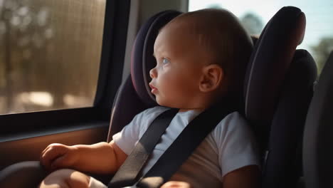 baby in car seat looking out the window