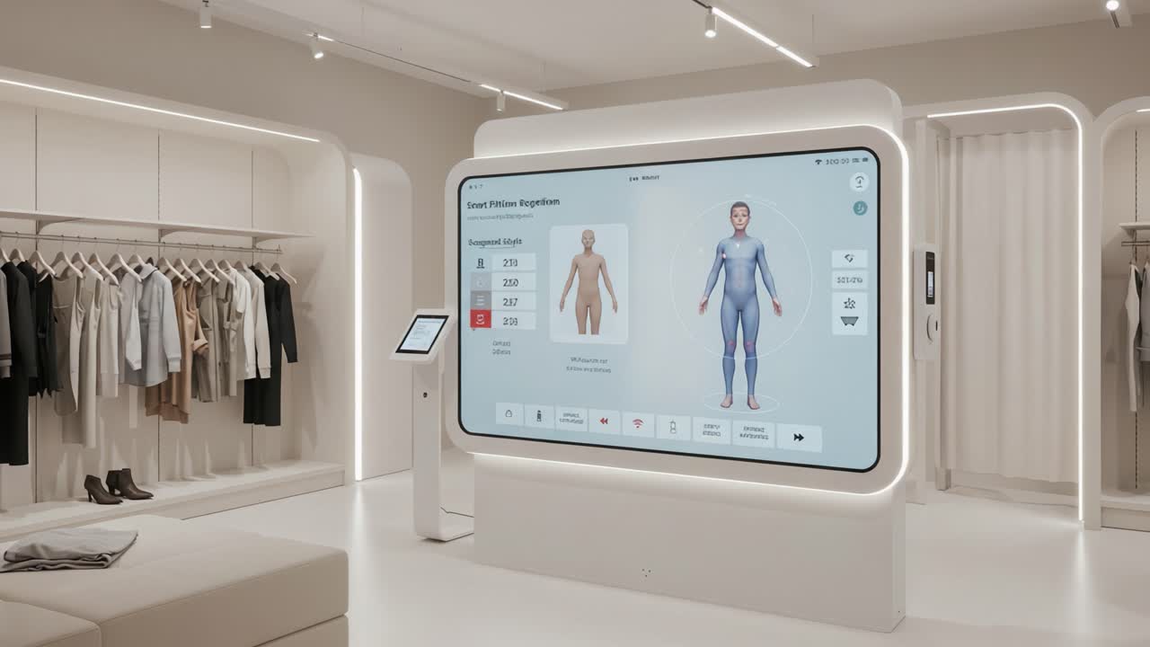 Innovative Smart Fitting Room Featuring High-Tech Virtual Try-On Display for Accurate Personalized Clothing Recommendations and Enhanced Shopping Experience