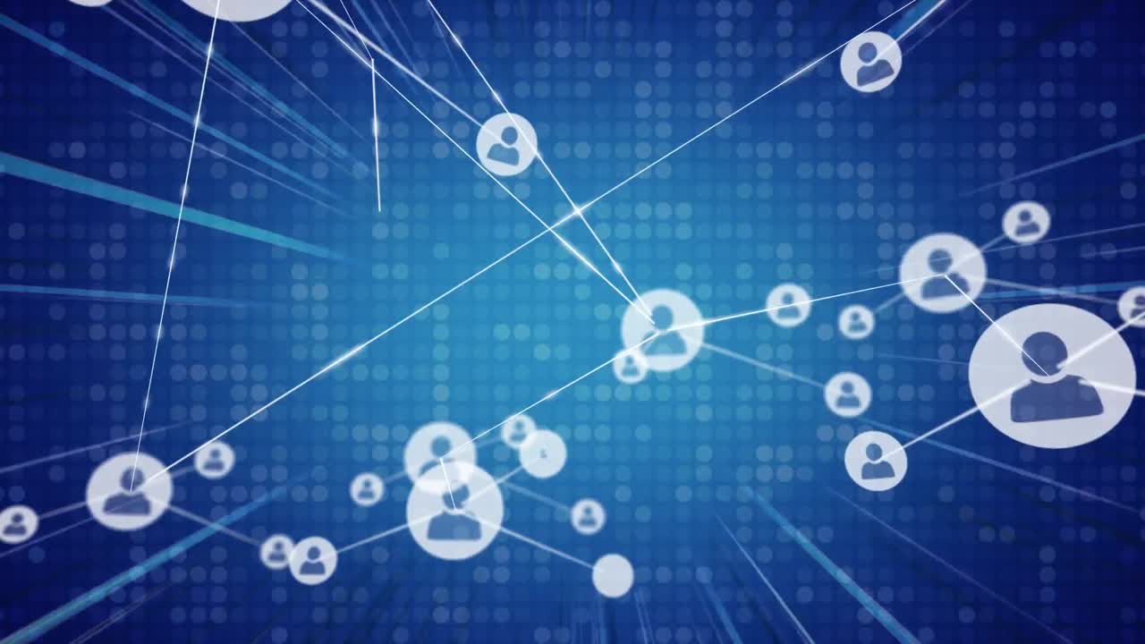 animación de la red de conexiones con iconos sobre fondo azul