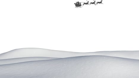 Snow-falling-on-santa-claus-in-sleigh-being-pulled-by-reindeers-over-winter-landscape