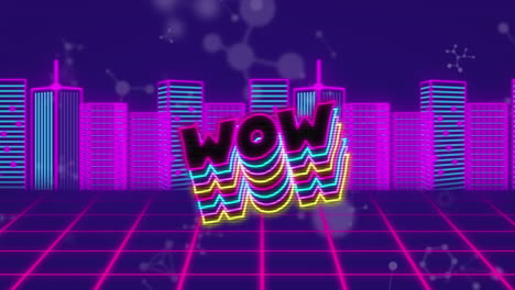 animación de wow texto sobre moléculas y ciudad digital.
