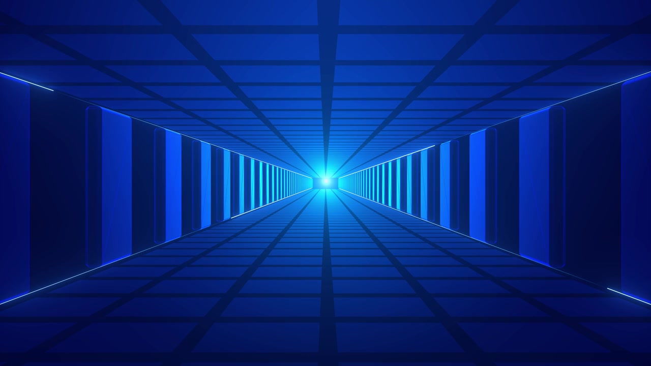 Cyan sci fi hallway visual with symmetrical blue panels glowing edge lights and deep digital