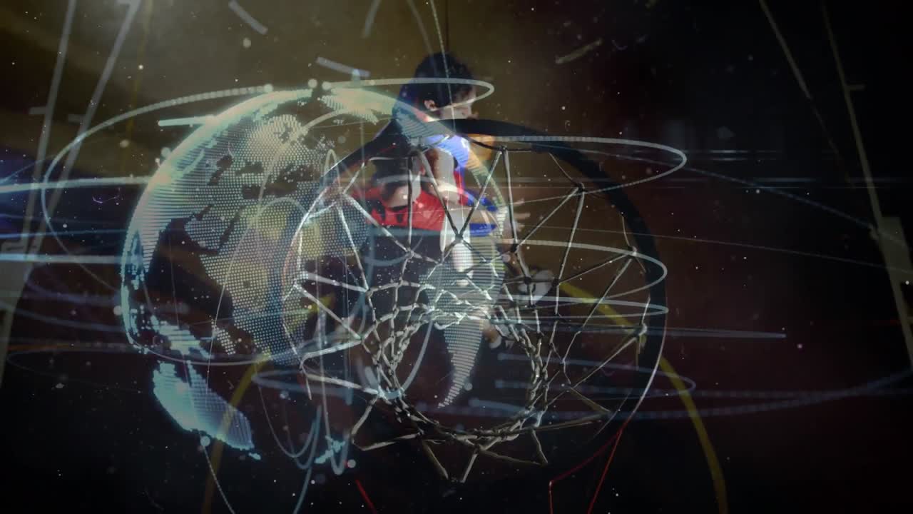 Animazione di reti di connessioni con globo su diversi cestisti in palestra.