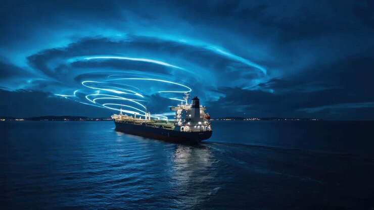 Nave da carico che naviga di notte con effetto light painting.