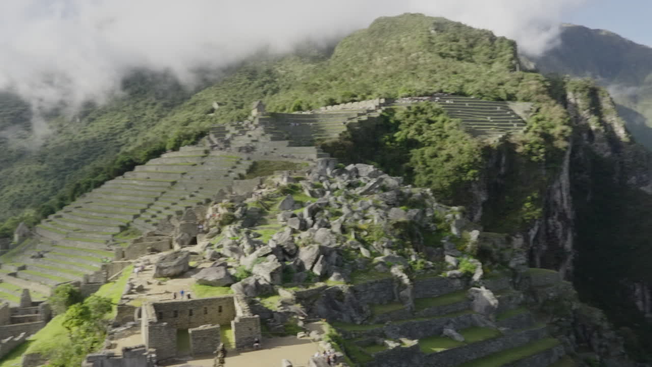 Machu Picchu staggered Lost City camera Panning. Wide shot panorama overview. Establishing long shot