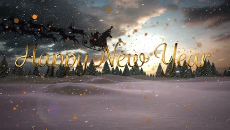 animation of happy new year text over santa claus in sleigh with reindeer over winter landscape