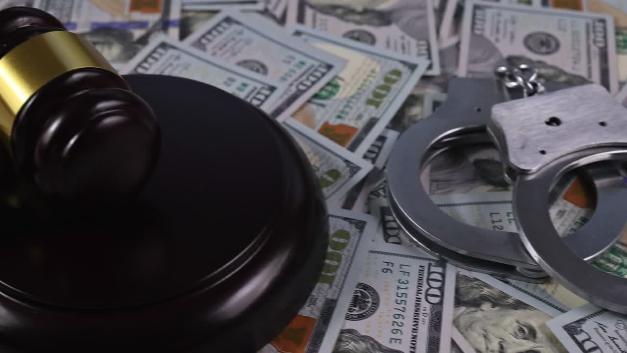 직장 법률 사무실 법 문서에 판사의 망치 기호 경찰 수갑