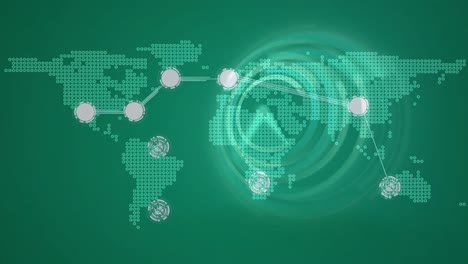 animación de reloj móvil y red de conexiones sobre el mapa del mundo