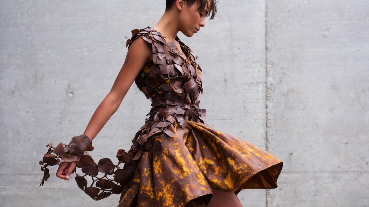 A Unique Fashion Showcase: Model Wearing an Artistic Dress Made from Leaves, Moving Gracefully Against a Minimalist Concrete Background