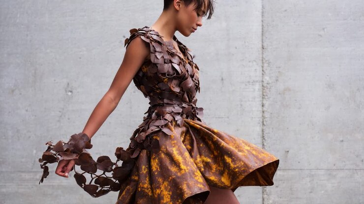 Un'esposizione di moda unica: personaggio che indossa un abito artistico fatto di foglie, che si muove con eleganza su uno sfondo minimalista in cemento