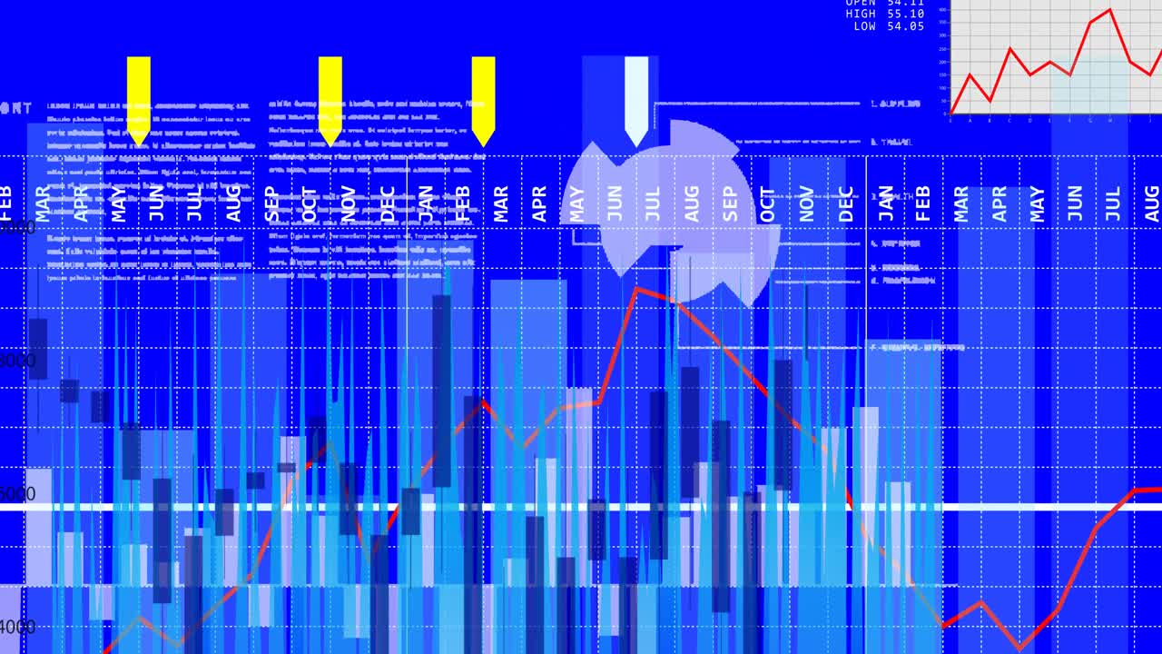 Animation of data processing with red line, statistics recording with arrows