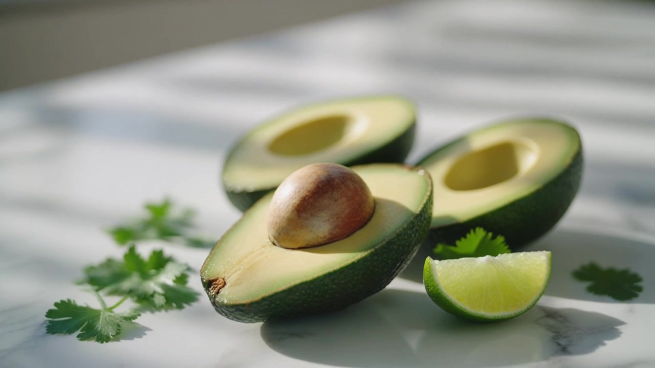 Ferske halve avokadoer med lime og koriander på marmoroverflate