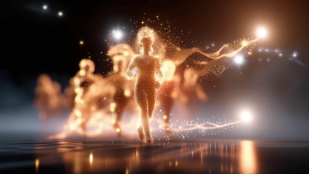 Figure dorate scattano in avanti, scie di luce si trascinano dietro. Il vapore sale dalla superficie riflettente sotto di loro. Le loro forme brillano caldamente contro ombre profonde. L'energia pulsa attorno ad ogni falcata.