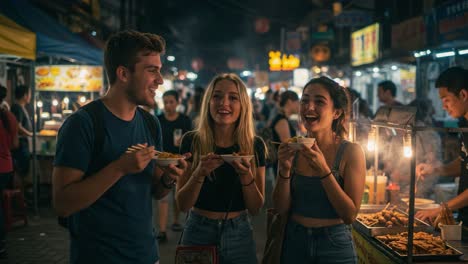young friends enjoying delicious street food at night market, laughing and sharing joyful moments in a vibrant atmosphere surrounded by stalls and lights