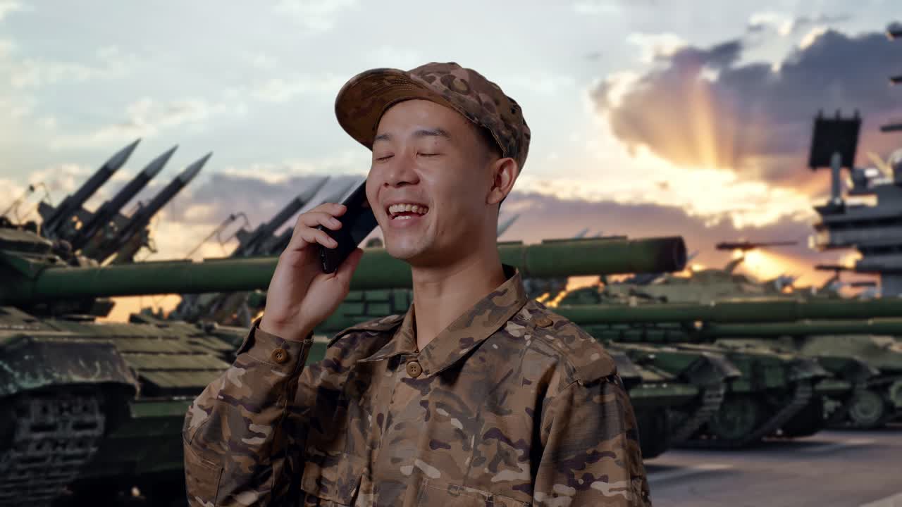 Primo piano laterale di un militare asiatico che parla al telefono e si guarda intorno mentre è in piedi accanto a un carro armato