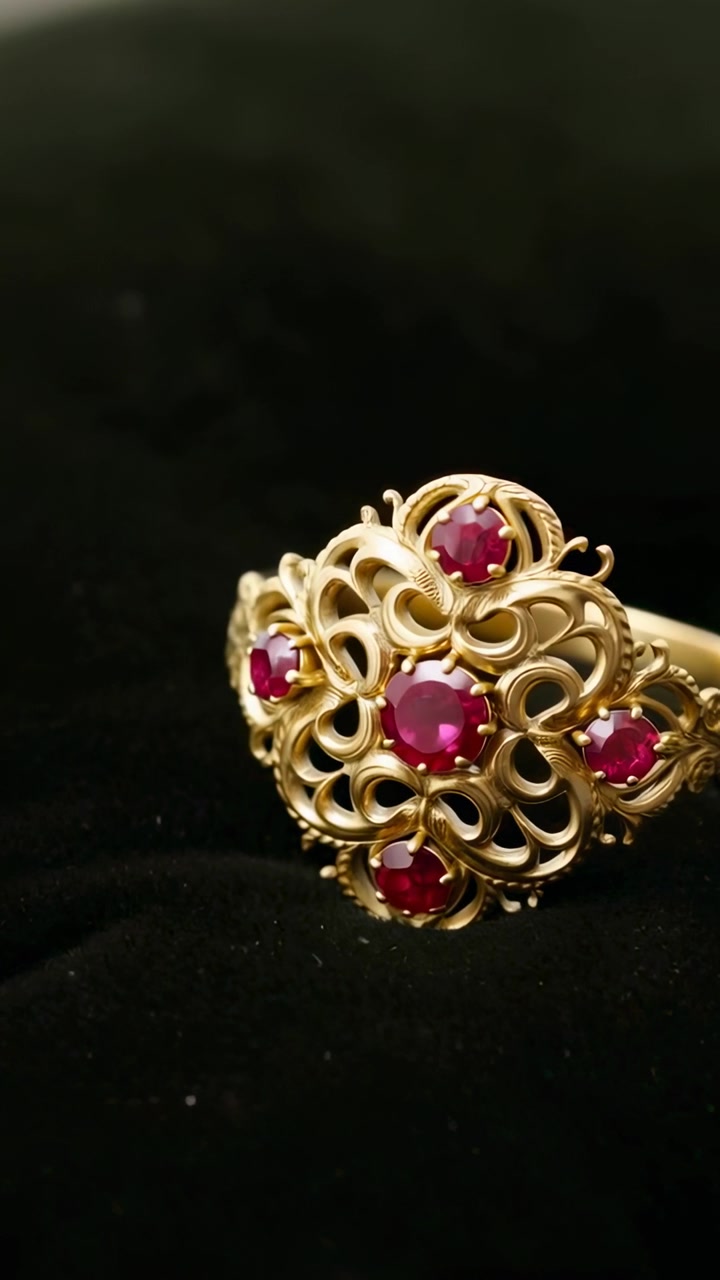 Vertical video: Camera pan causing gold filigree ring rotating closer on velvet showing red stones