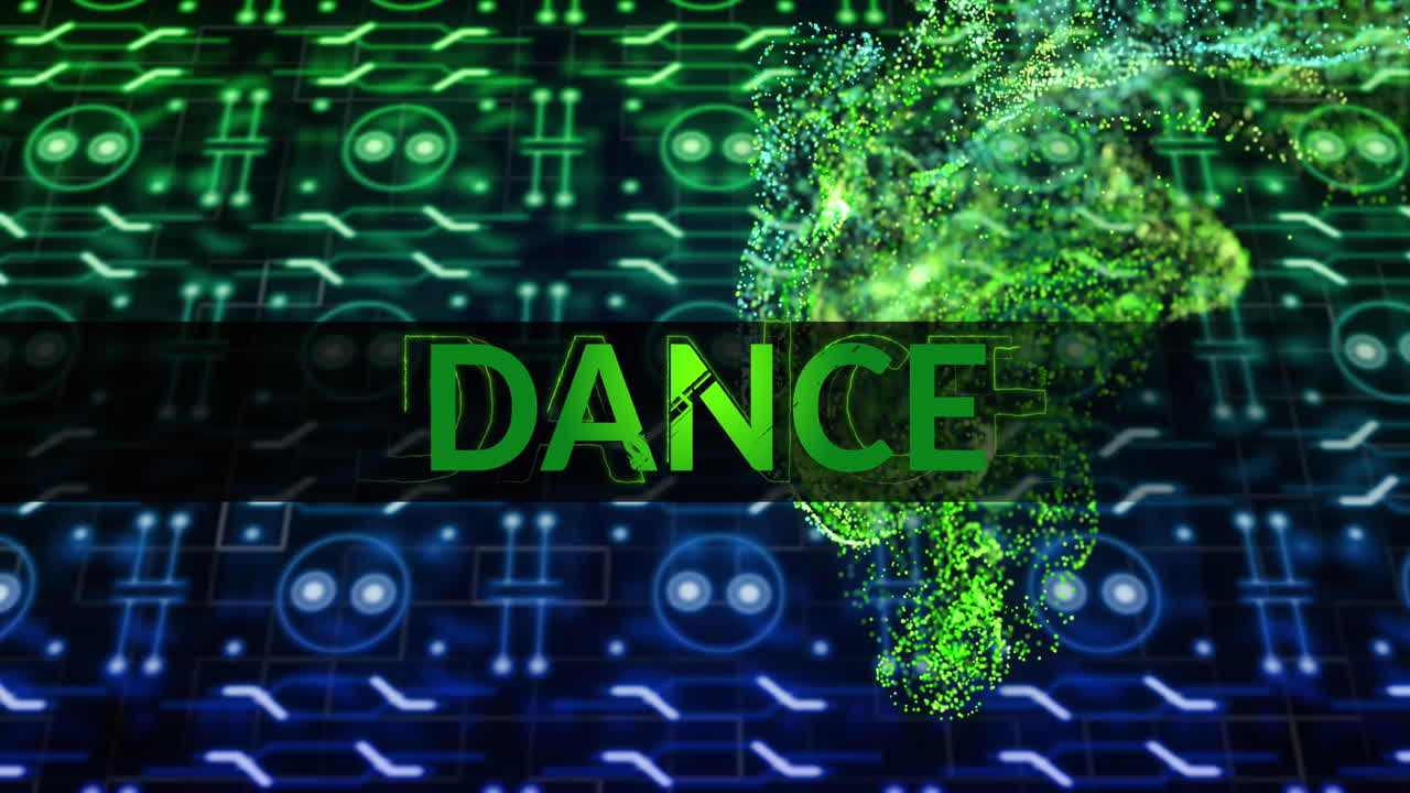 Animation of dance text over green shapes and computer circuit board on black background