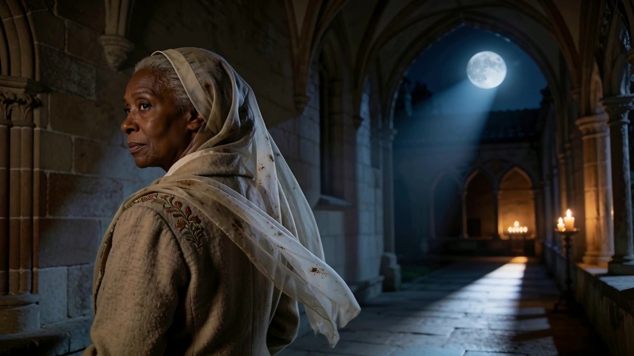 Donna anziana con cappotto ricamato che solleva il velo dalla brezza, voltandosi verso un raggio di luna nel chiostro