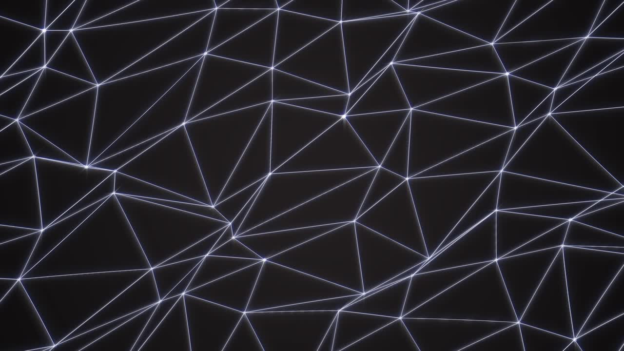 triángulos en colores aleatorios con cimas brillantes en una red geométrica abstracta. movimiento de bucle sin costuras gráfico de malla poligonal de fondo