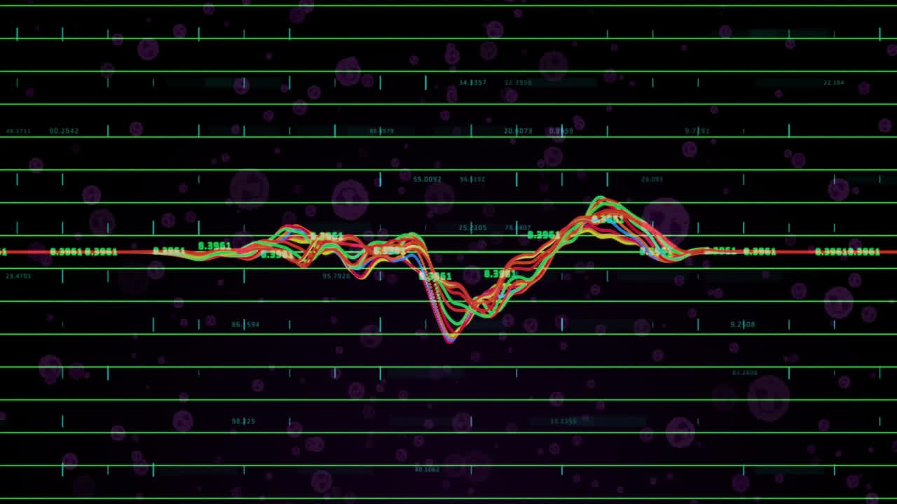 Animating stock market data with fluctuating graphs over dark background and bubbles