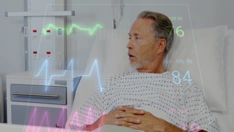 animation of cardiograph over senior caucasian man lying on bed in hospital