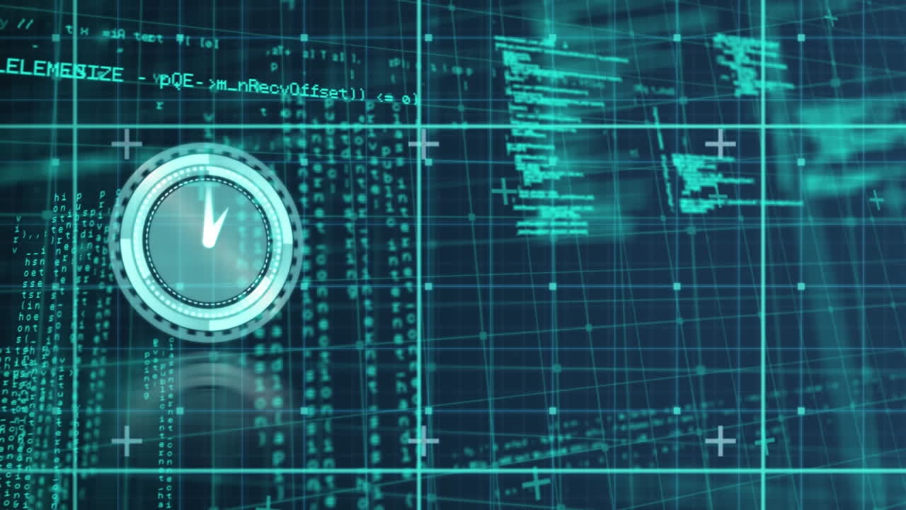 Animation of neon ticking clock and data processing over grid network against blue background