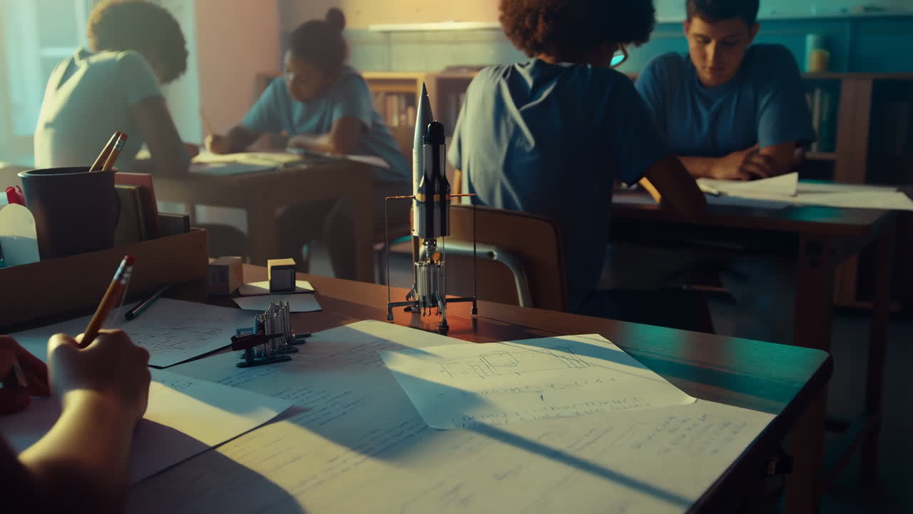 Students working on a rocket model project in a classroom