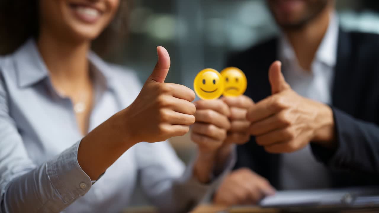 A joyful interaction captured in two frames, showcasing individuals expressing satisfaction through thumbs-up gestures alongside cheerful and neutral emoticons, capturing the essence of positive engagement and communication