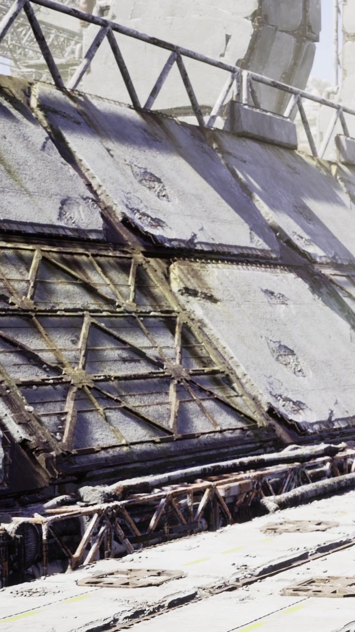 Structure shows wear and damage at industrial site during daylight hours