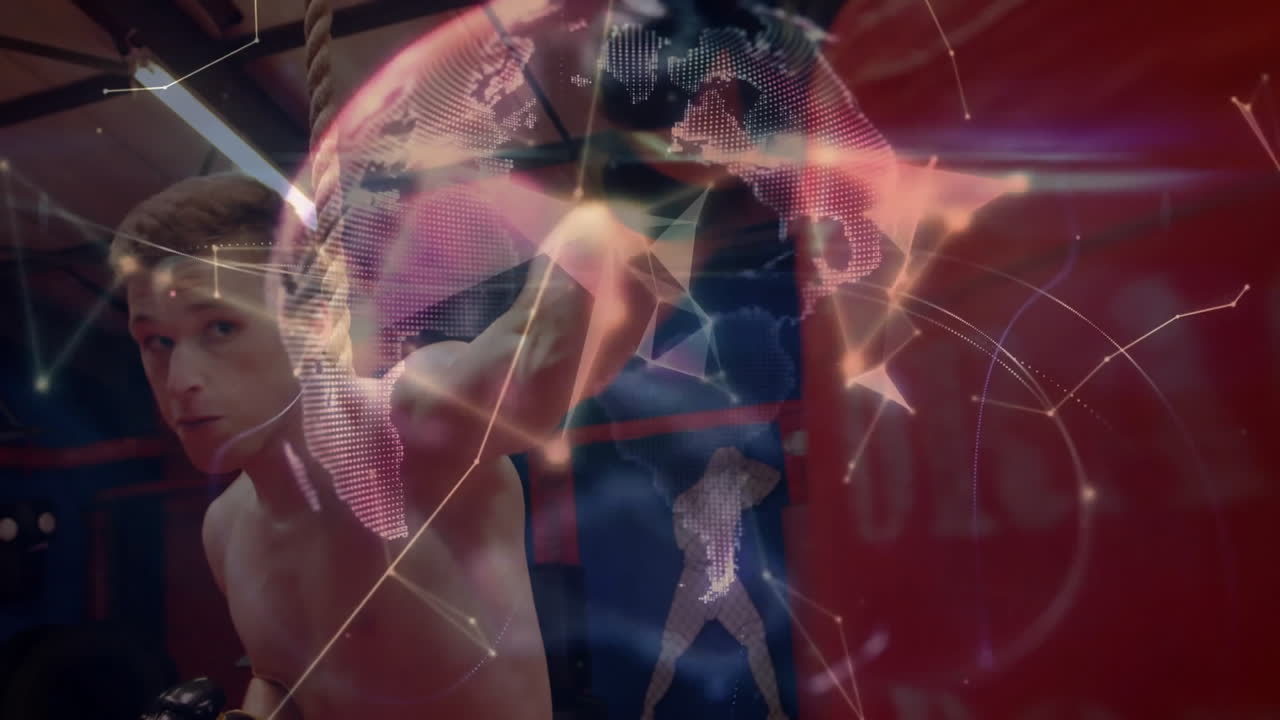 teenage boy holding guard in boxing gym, projecting technology hologram globe with network graphics