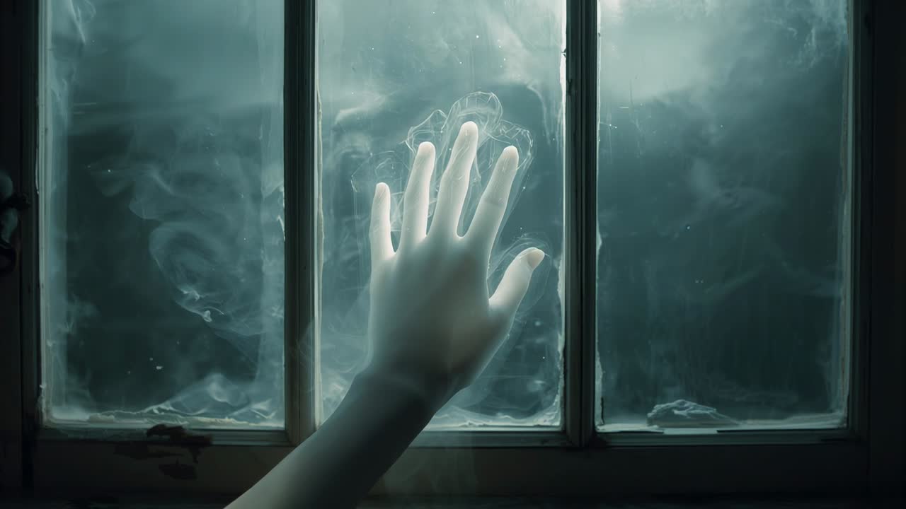 Entering hand pressing, sliding down frosted window with muntins in dim room for view through mist