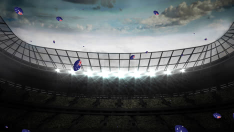 animation of rugby balls coloured with flag of australia at stadium