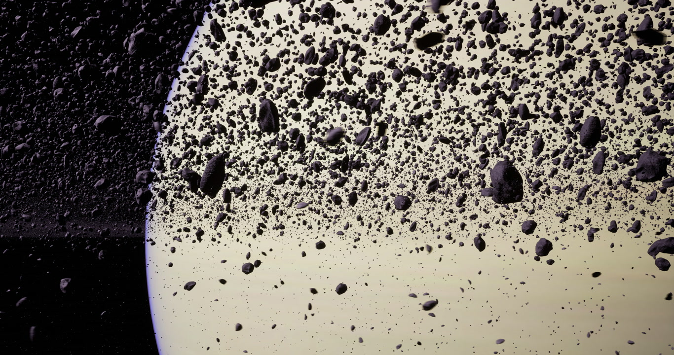 Asteroids floating in the vastness of space near a celestial body