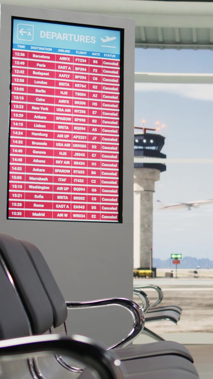 Pantalla de video vertical mostrando vuelos cancelados y retrasos en la sala de la terminal del aeropuerto