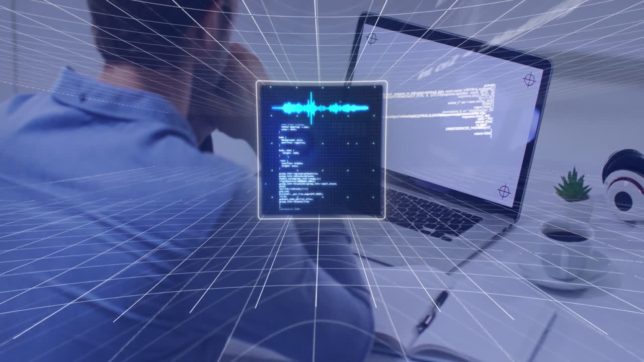 animación de procesamiento de datos informáticos sobre el hombre usando una computadora portátil.