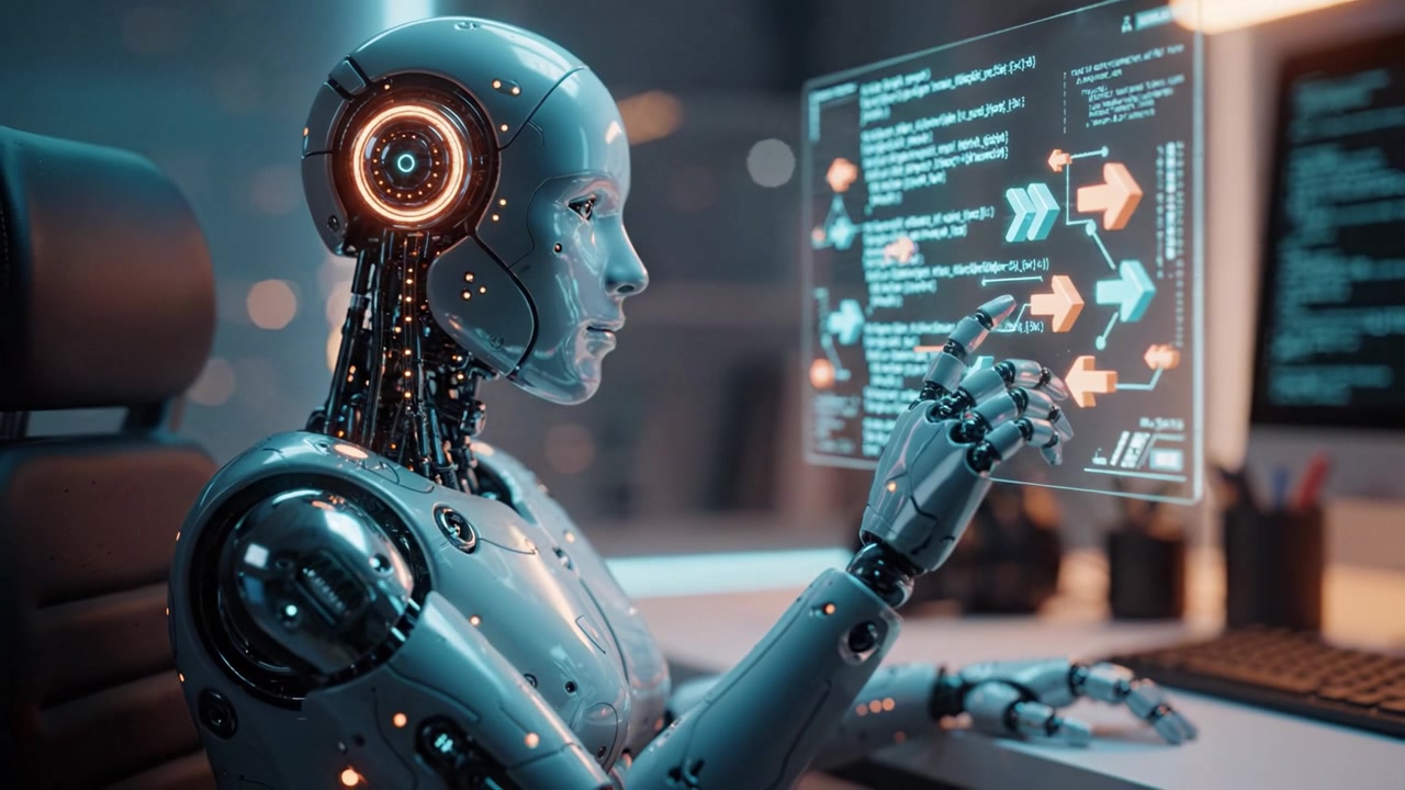 Robot futuristico con tecnologia avanzata in un ambiente di lavoro moderno, che analizza dati su display digitali con un'interfaccia AI innovativa e un design elegante.