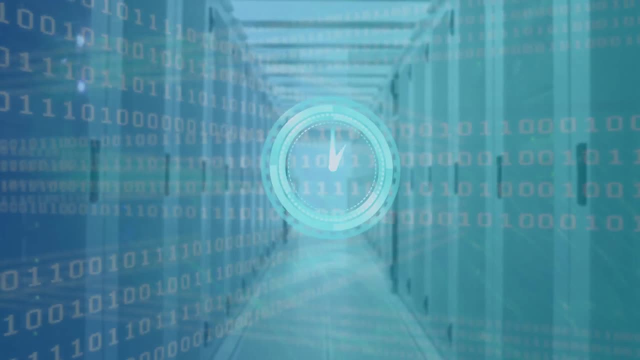Animation of binary coding and moving clock over server room