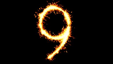 número 9 texto chispa chispa chispas fuego de artificio bucle de animación