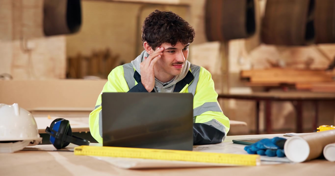 Stressed Construction Worker Using Laptop in Workshop