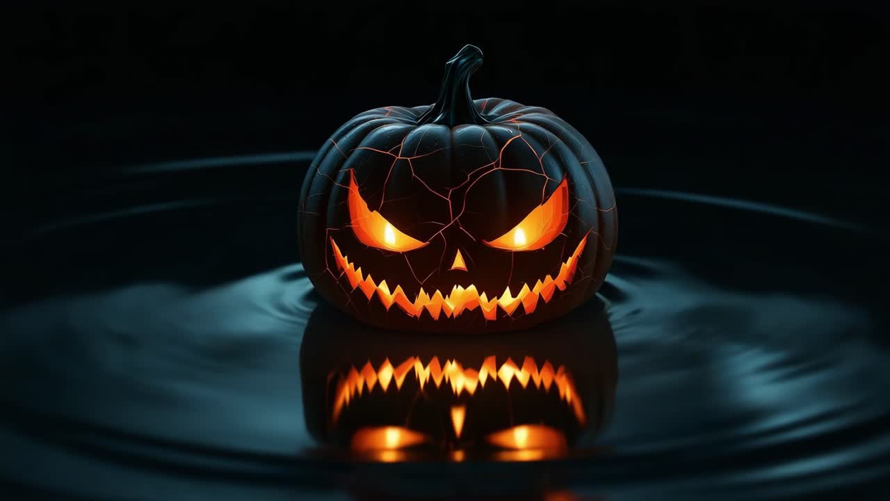 Glowing jack-o'-lantern with cracked surface reflecting in dark water, creating eerie ambiance