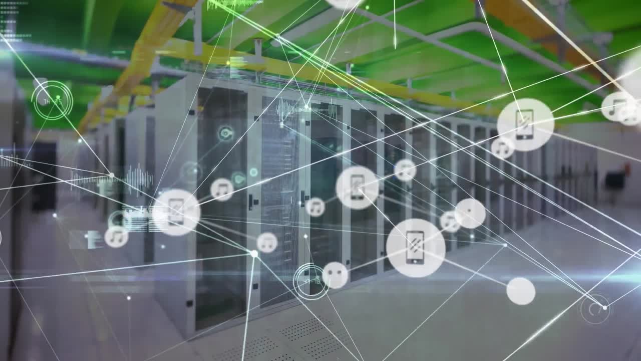 animación de la red de conexiones y procesamiento de datos a través de servidores informáticos