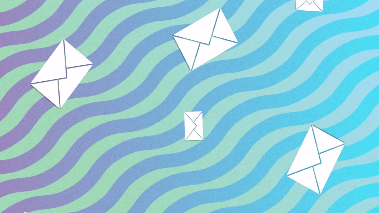 animación de iconos de sobres digitales sobre líneas en fondo azul