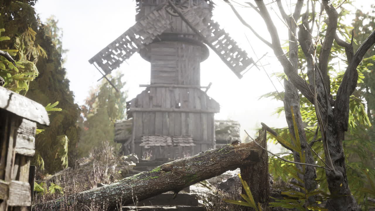 옛 숲 에 있는 전통적 인 목조 풍차