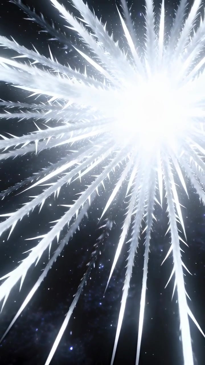 Video verticale: Un nucleo bianco appare, irradiando raggi appuntiti attraverso un campo stellare e rilasciando energia.