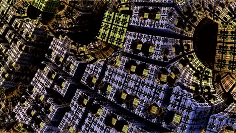 Futuristic metallic green structure zoom in 3d realistic footage. Steel construction with circle gates movement. Contemporary detailed machinery with circle holes and cubes close up creative video