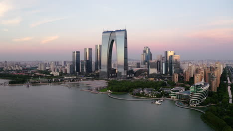 cbd buildings by the lake. aerial in suzhou, china.