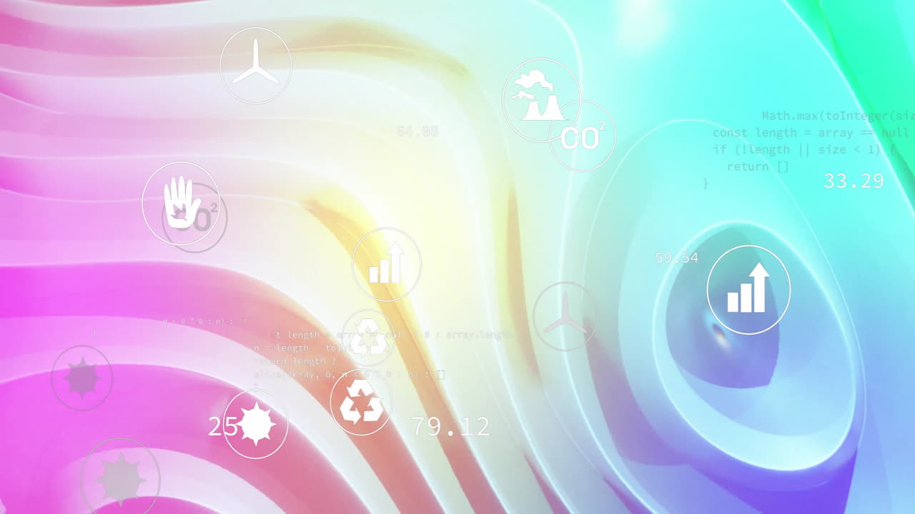 Pastel gradient waves being animated, featuring floating eco icons and stats in flat design