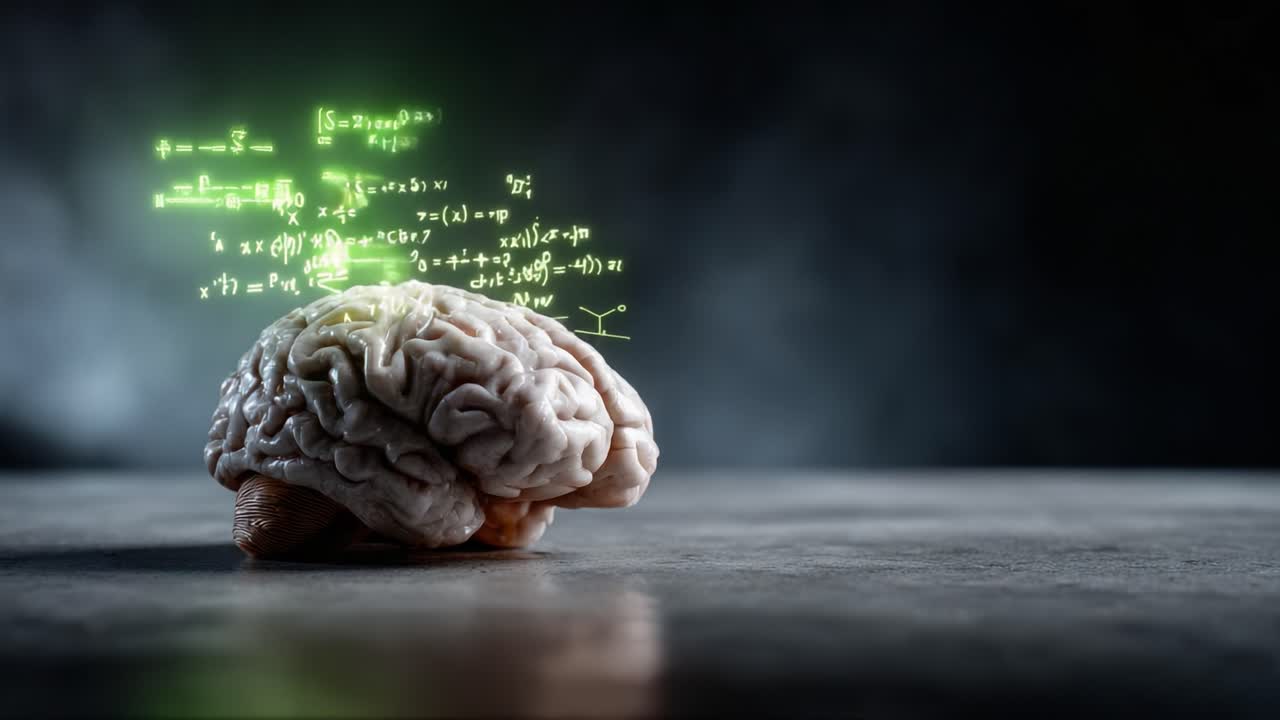A Conceptual Visualization of Human Intelligence: The Brain Surrounded by Mathematical Equations and Data Representations, Symbolizing Thought and Knowledge Processing