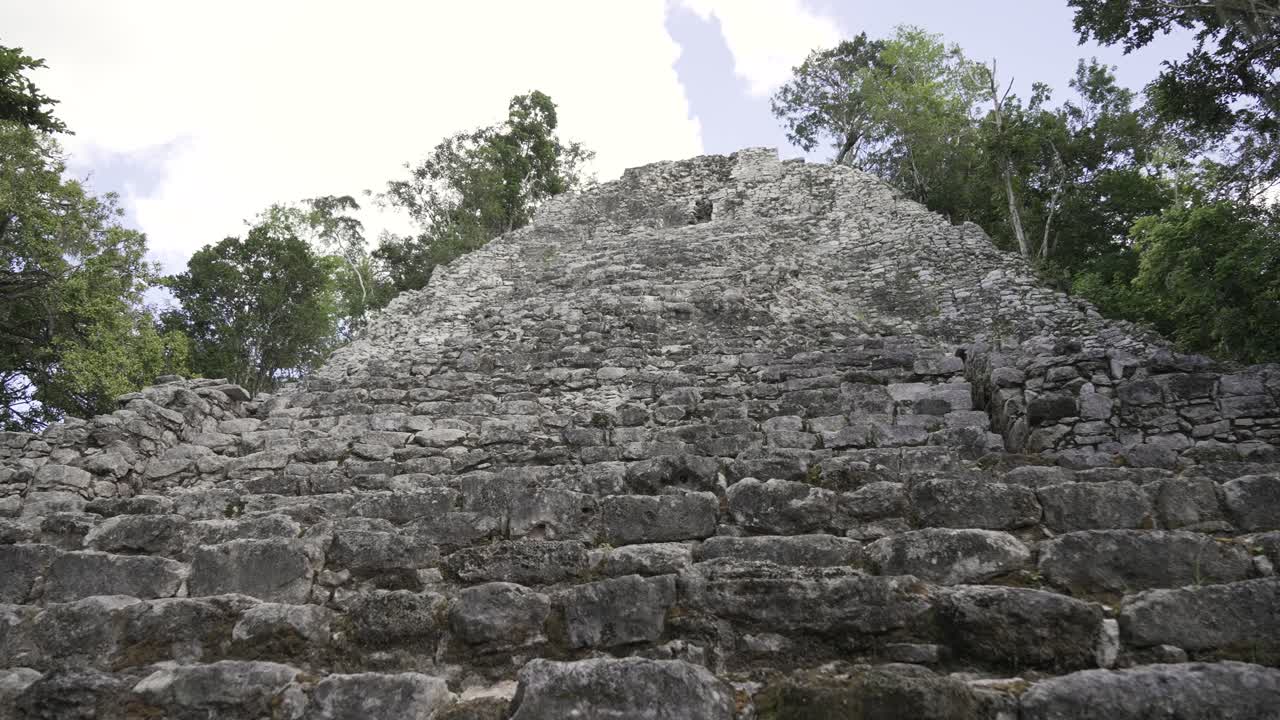 Ancient Mayan structure stands tall among trees in a jungle environment. Stone steps lead upward to the ruins, revealing their weathered texture. Sunlight filters through the canopy.